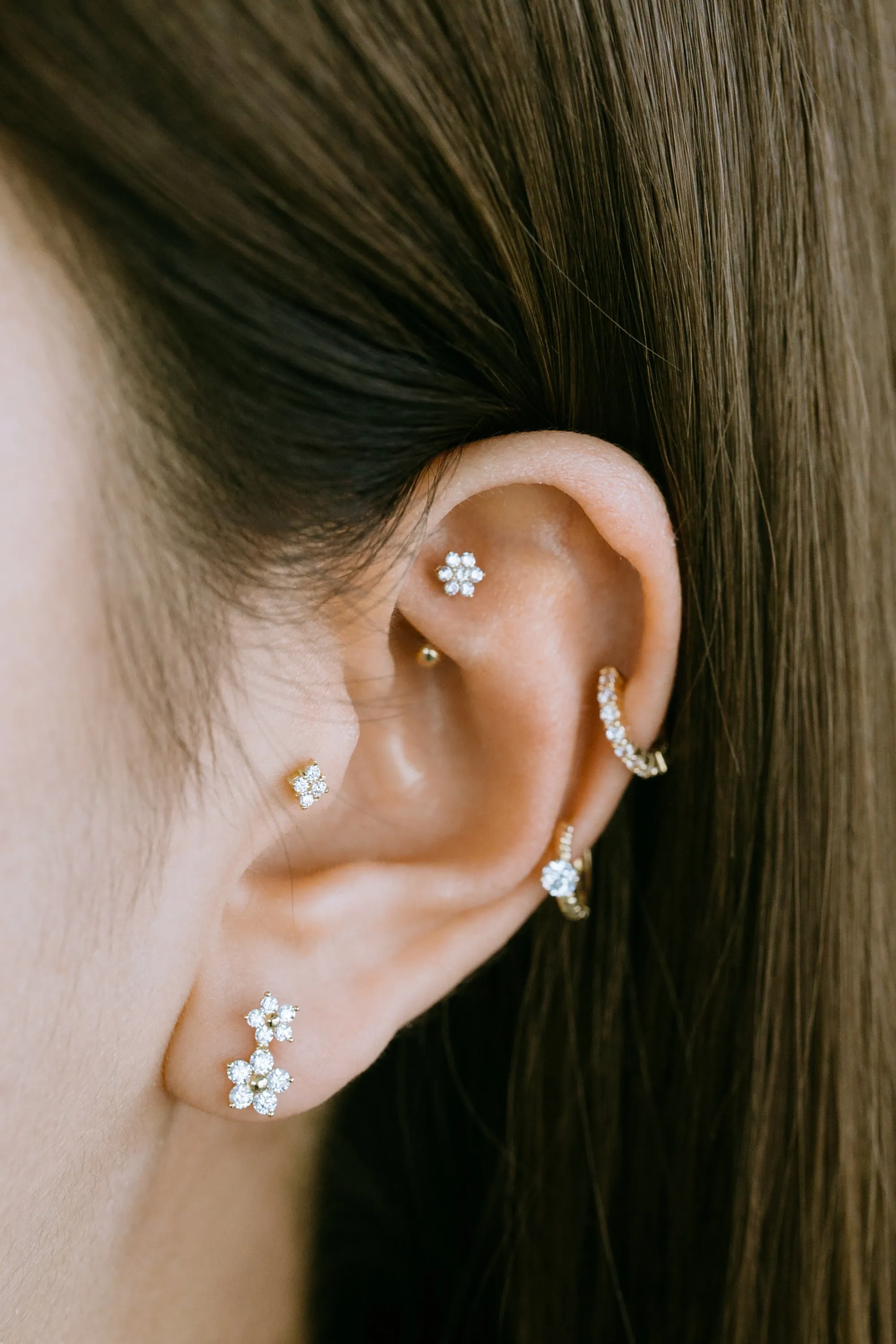 14K Solid Gold Cz Snowflake Flower Snug Rook Eyebrow Navel Daith Banana Curved Ear Earring Barbell Piercing For Women Men 16g 18g Jewelry