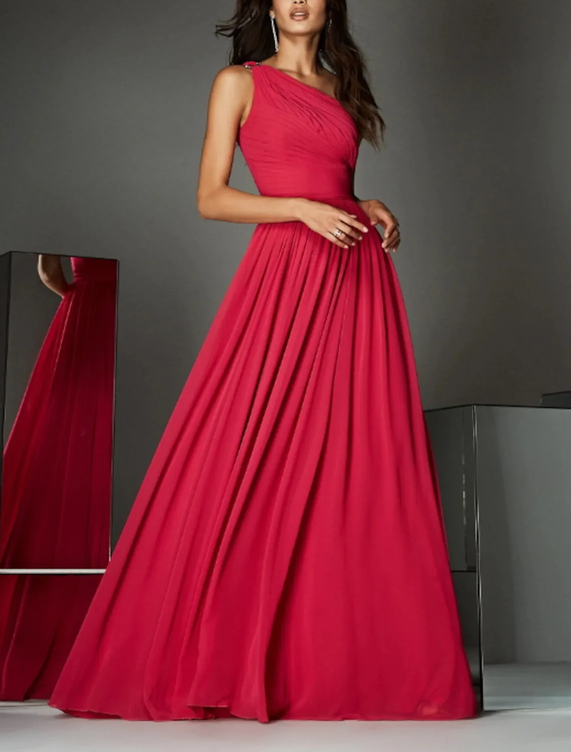 A-Line Empire Wedding Guest Formal Evening Dress Formal Red Green Dress One Shoulder Sleeveless Sweep / Brush Train Chiffon with Pleats Ruched