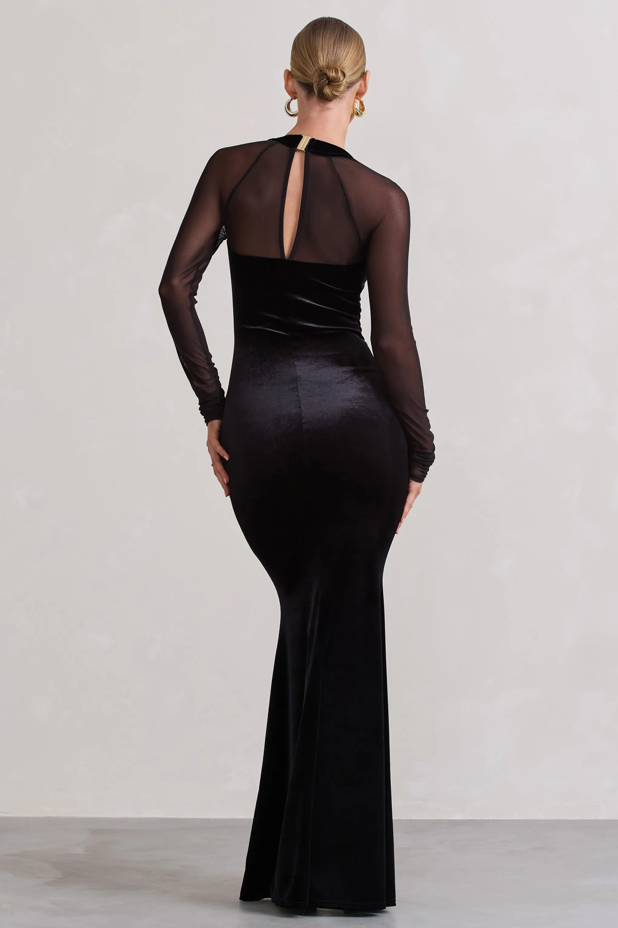 Apres | Black Velvet Bodycon Split Maxi Dress With Sheer Sleeves