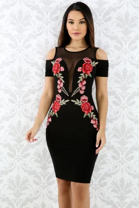 Black Embroidered Rose Stylish Dress