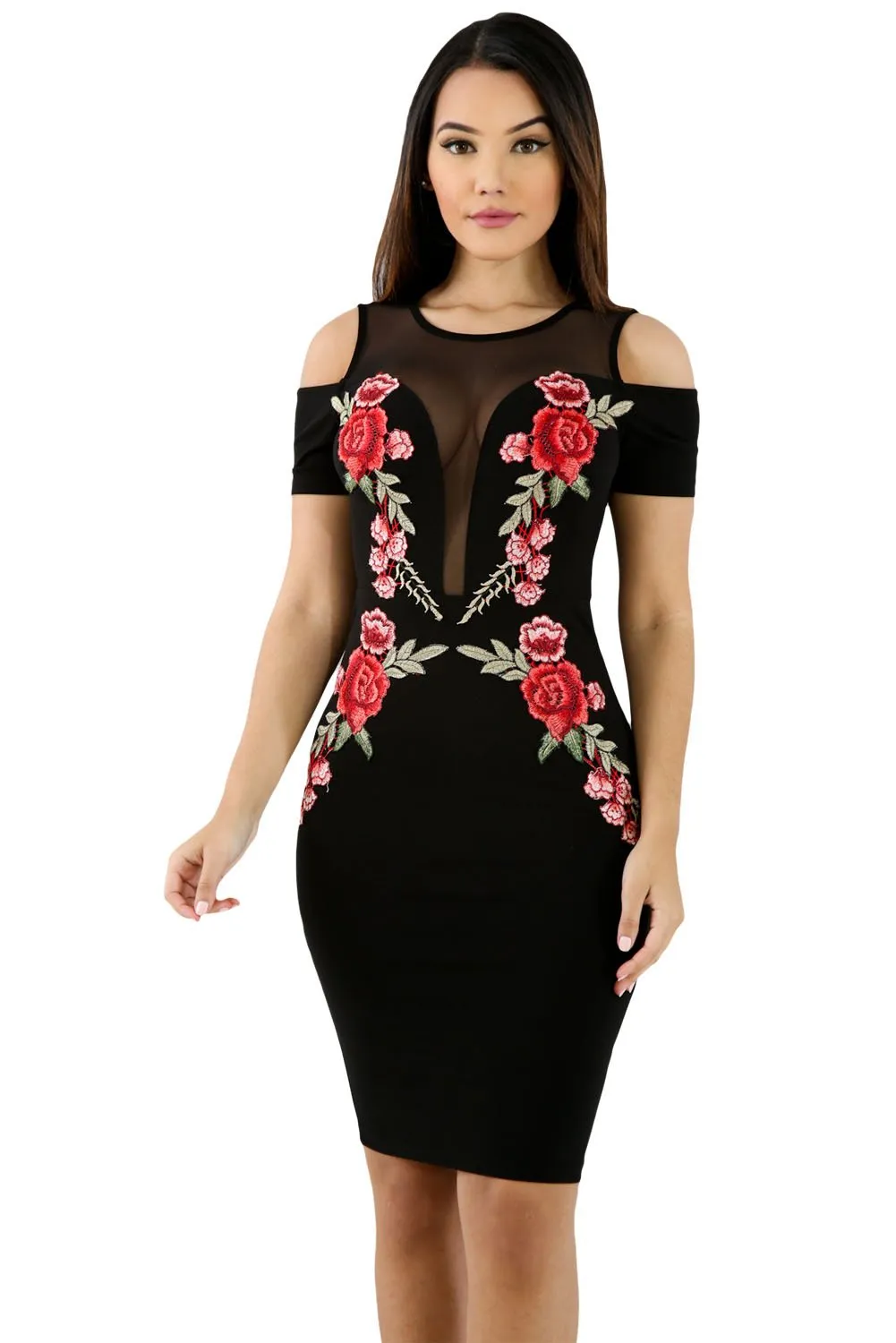 Black Embroidered Rose Stylish Dress