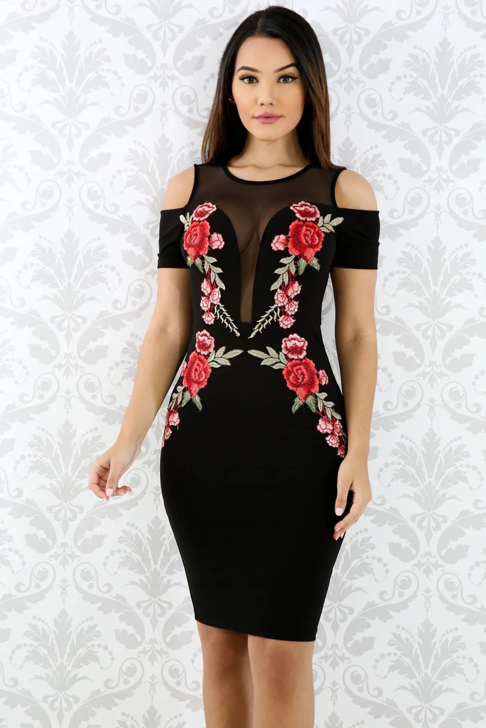 Black Embroidered Rose Stylish Dress