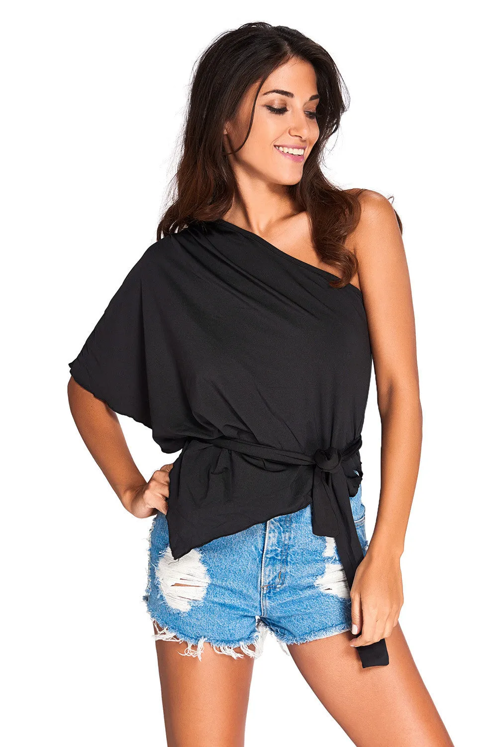 Black Flare Stylish Belted Top