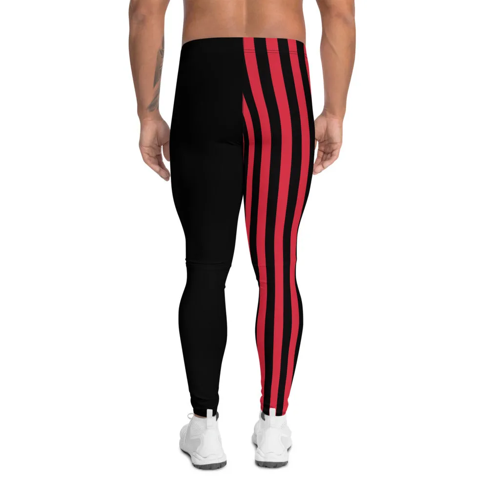 Black Red Stripe Men's Leggings, Vertical Striped Athletic Sporty Meggings-Made in USA/ MX/ EU