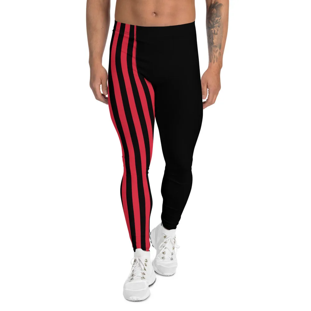 Black Red Stripe Men's Leggings, Vertical Striped Athletic Sporty Meggings-Made in USA/ MX/ EU