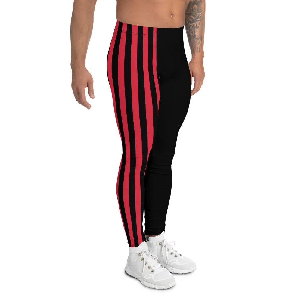 Black Red Stripe Men's Leggings, Vertical Striped Athletic Sporty Meggings-Made in USA/ MX/ EU