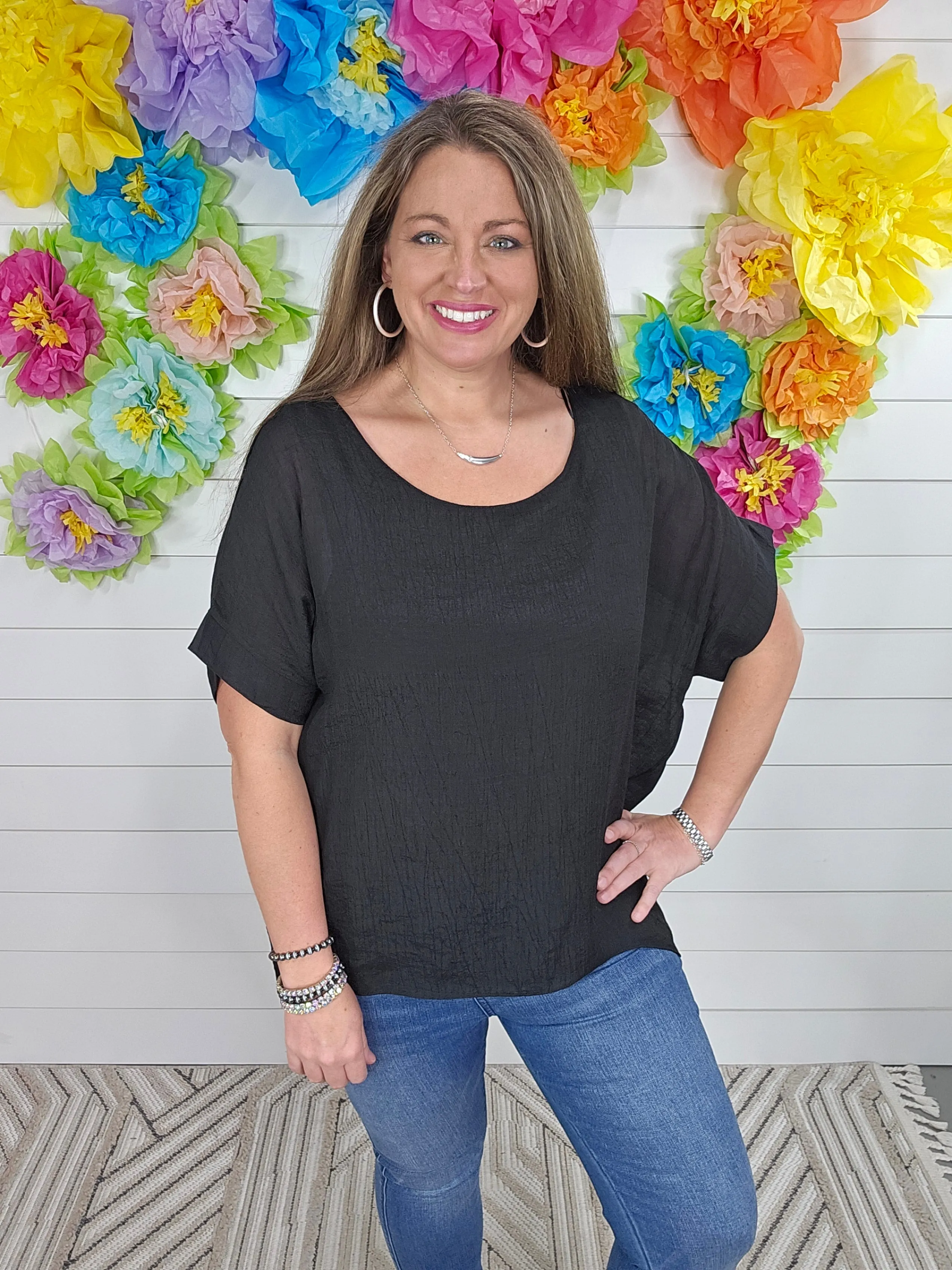 BLACK SHEER DOLMAN SLEEVE BLOUSE