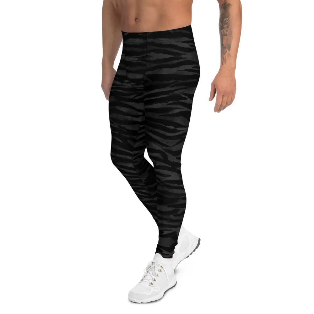 Black Tiger Men's Leggings, Tiger Stripe Animal Print Cool Sporty Meggings-Made in USA/EU