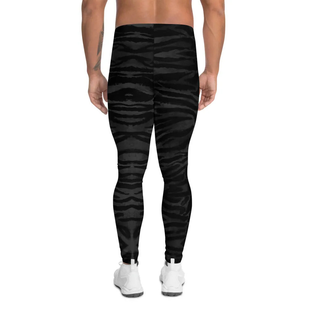 Black Tiger Men's Leggings, Tiger Stripe Animal Print Cool Sporty Meggings-Made in USA/EU