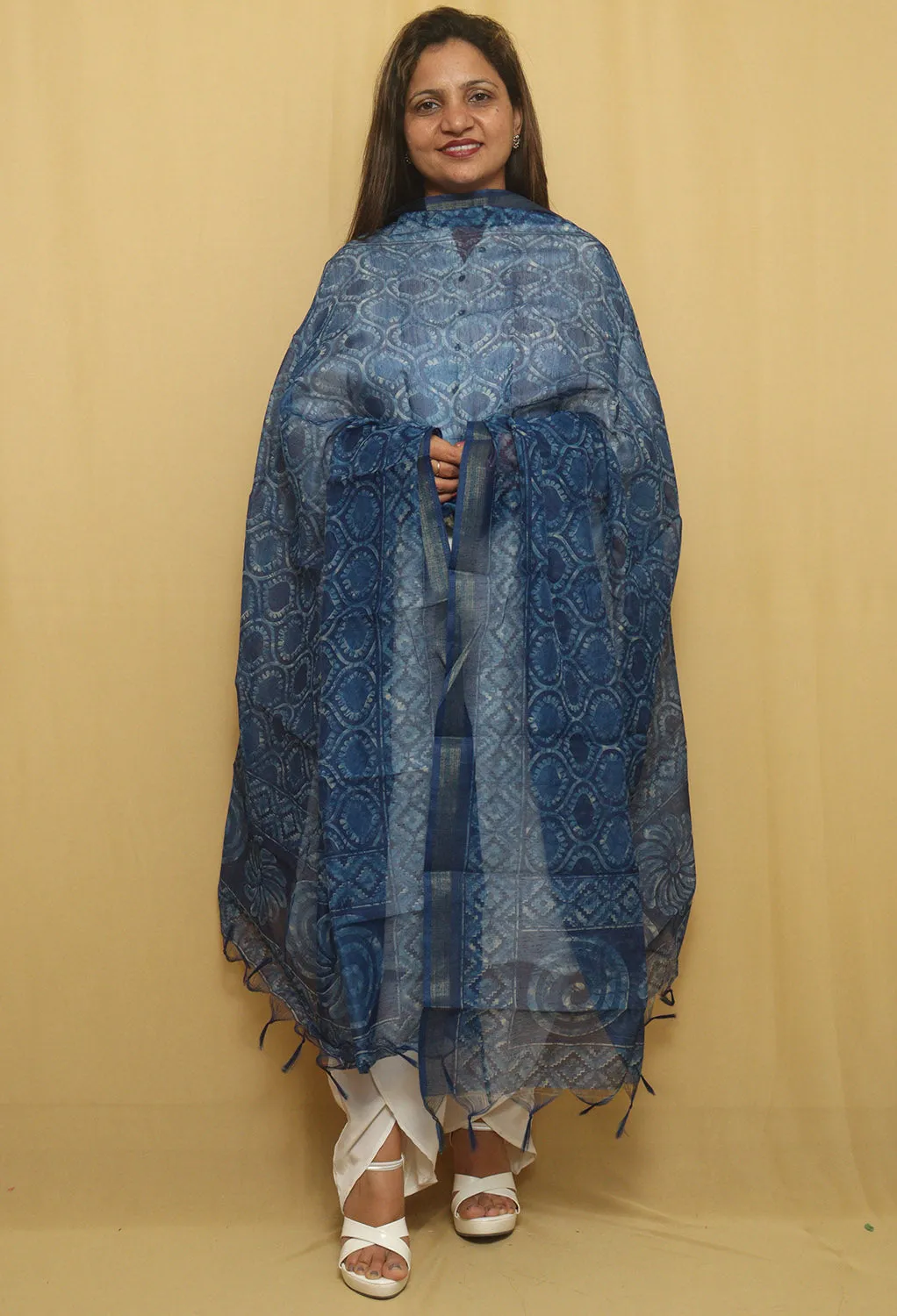 Block Printed Blue Chanderi Silk Dupatta - Stylish Accessory