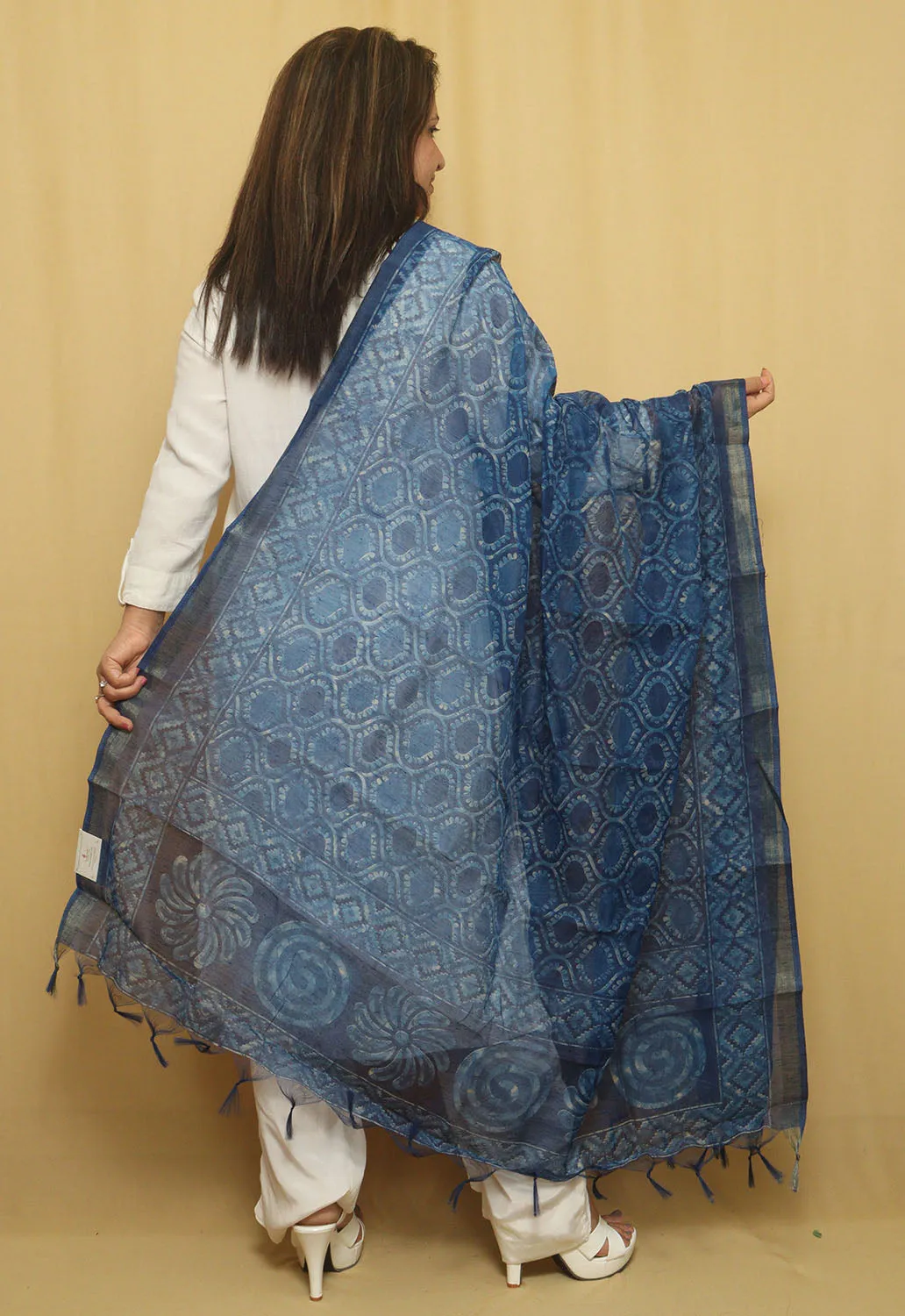 Block Printed Blue Chanderi Silk Dupatta - Stylish Accessory