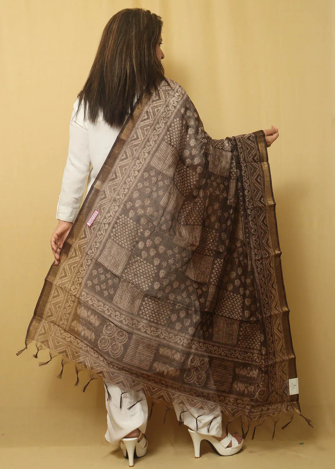 Block Printed Brown Chanderi Silk Dupatta - Stylish & Chic