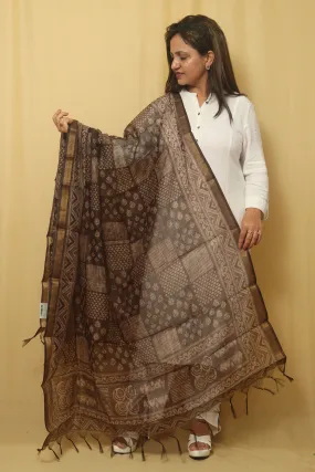 Block Printed Brown Chanderi Silk Dupatta - Stylish & Chic