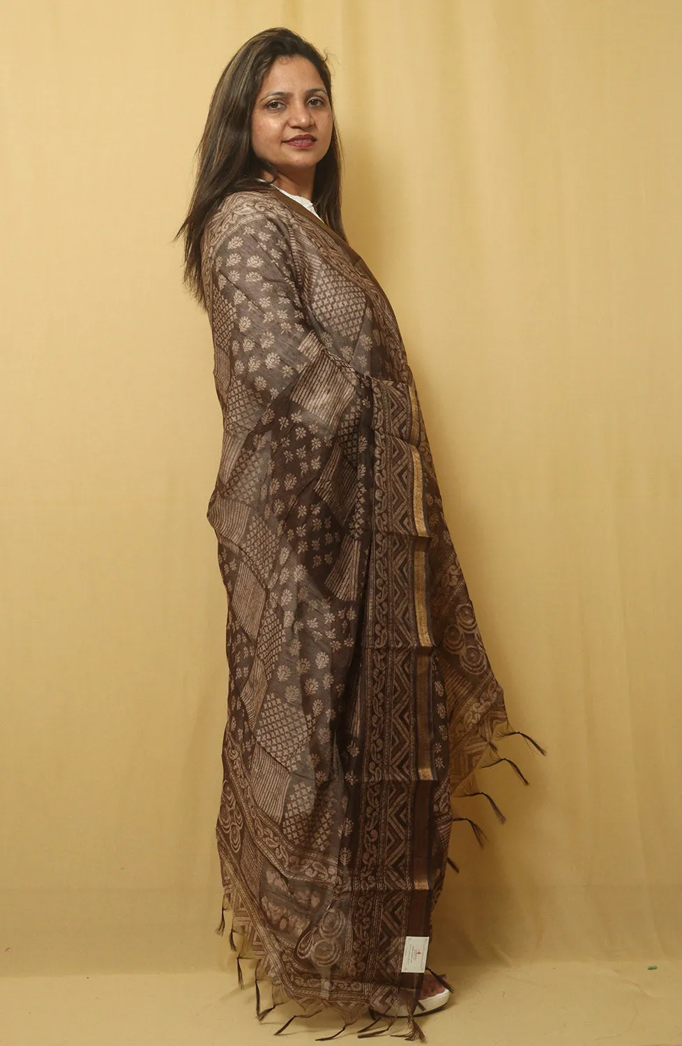 Block Printed Brown Chanderi Silk Dupatta - Stylish & Chic