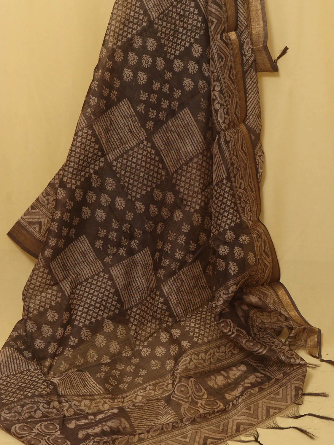 Block Printed Brown Chanderi Silk Dupatta - Stylish & Chic