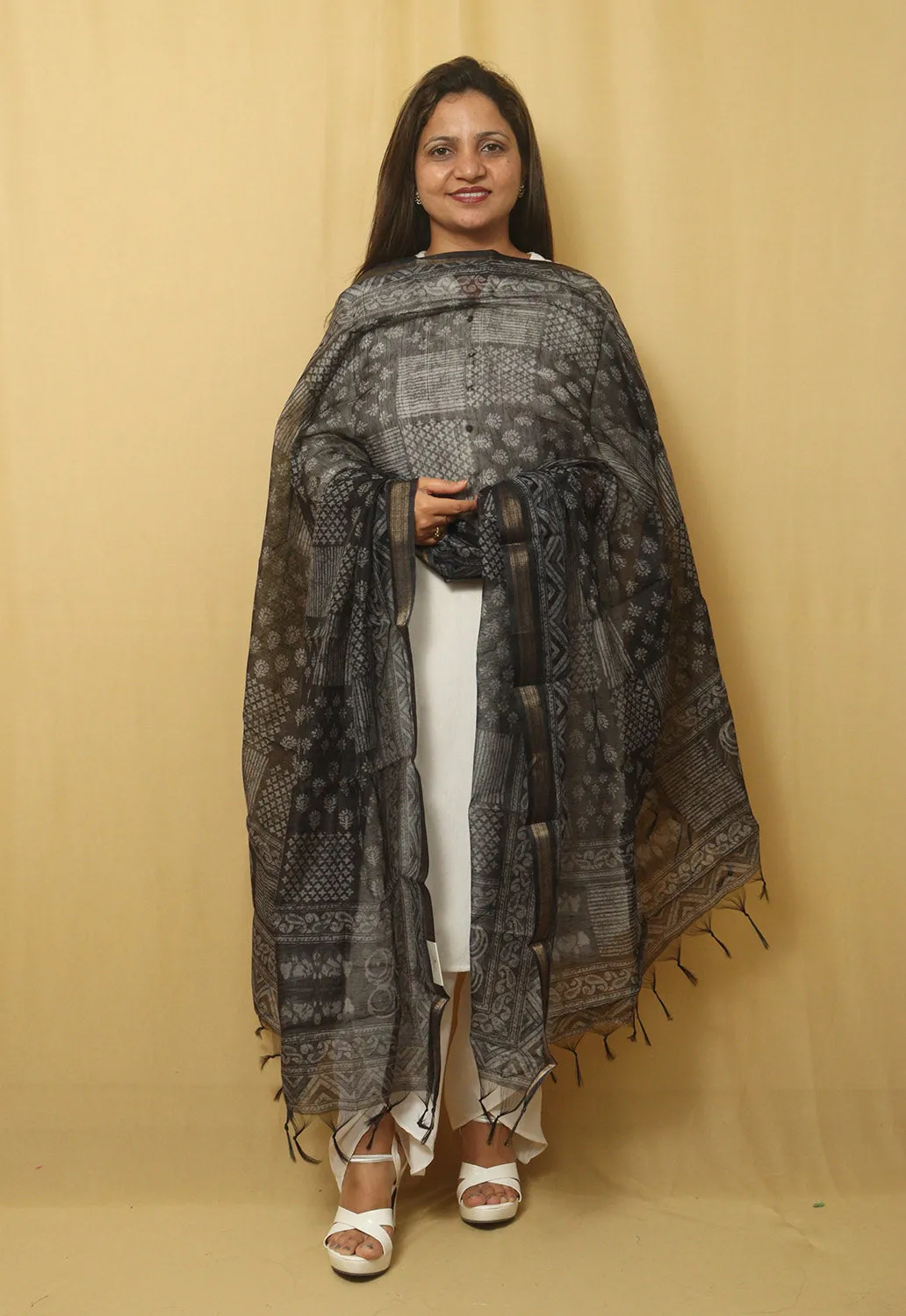 Block Printed Chanderi Silk Dupatta - Stylish Black Design