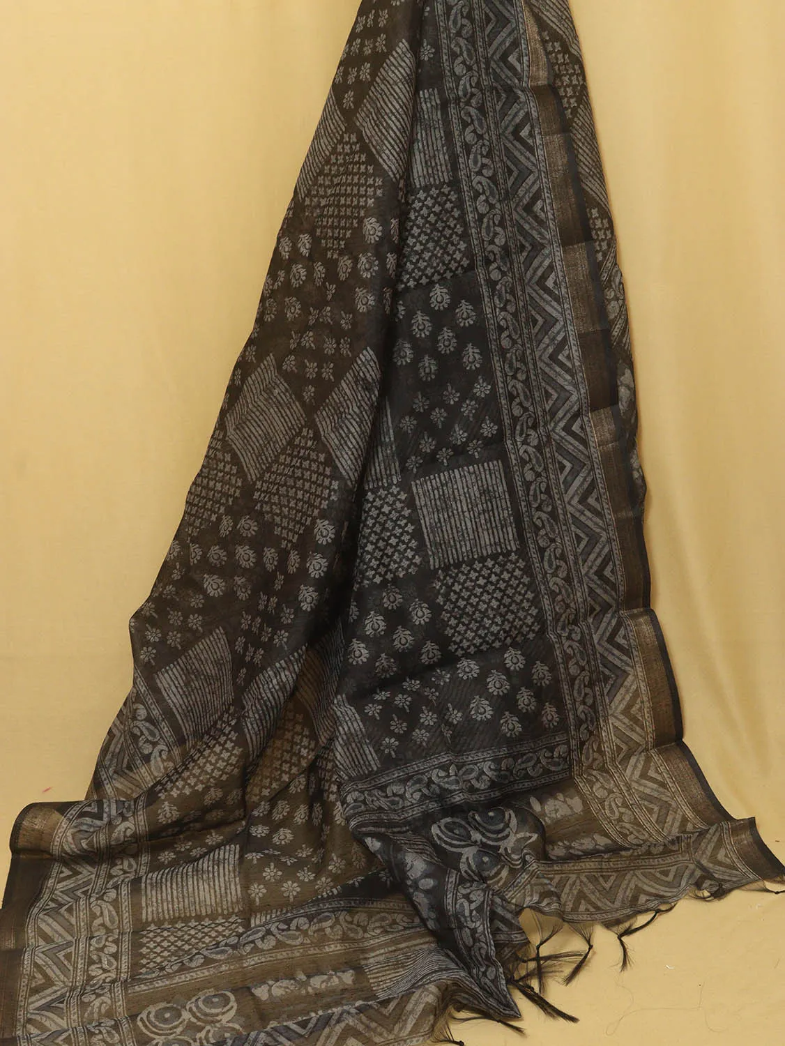 Block Printed Chanderi Silk Dupatta - Stylish Black Design