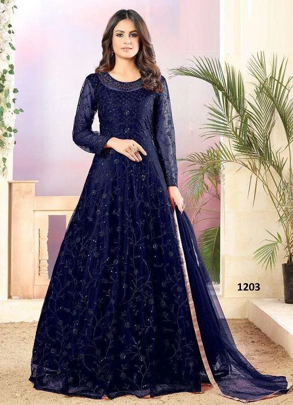 Blue Color Hit Original Pakistani Style Festive Party Wear Long Anarkali Gown