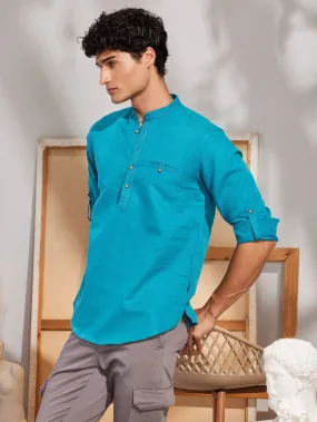 Blue Solid Linen Kurta