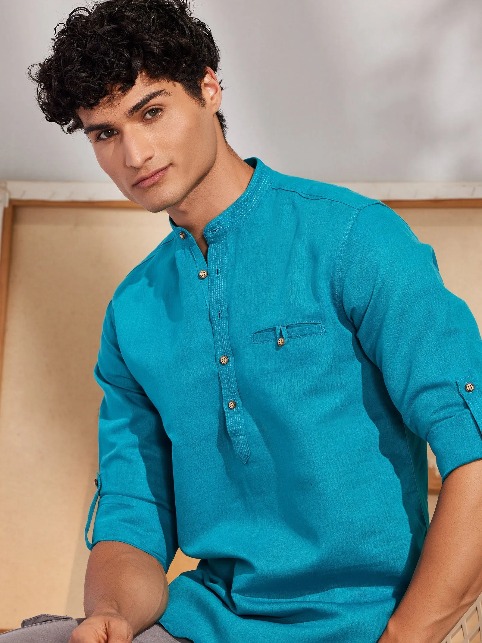 Blue Solid Linen Kurta