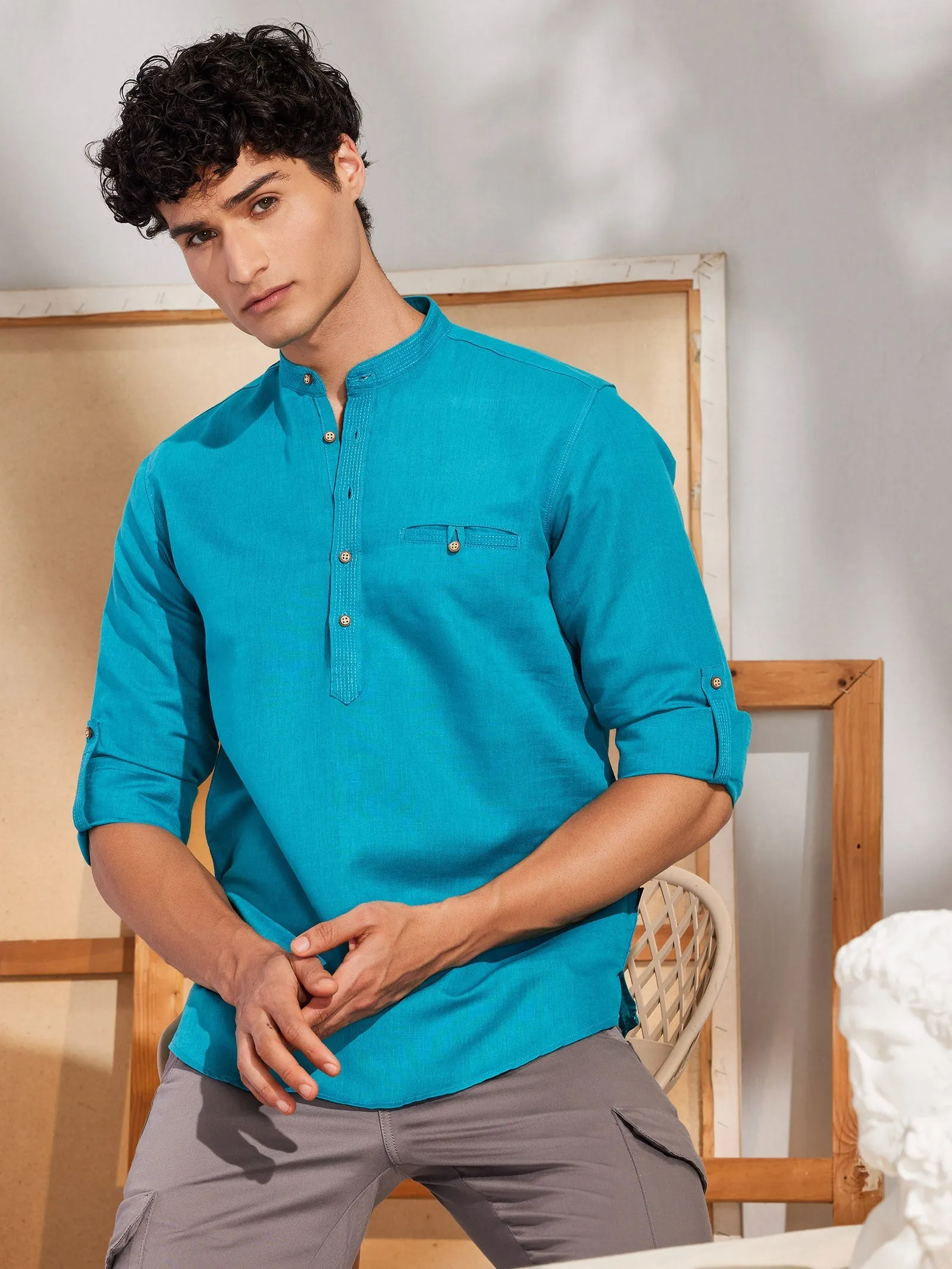 Blue Solid Linen Kurta