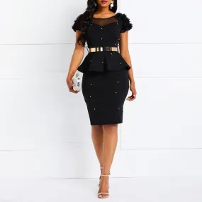 Bodycon Dress Women Ruffles Beading Black Elegant Party Stylish Dress