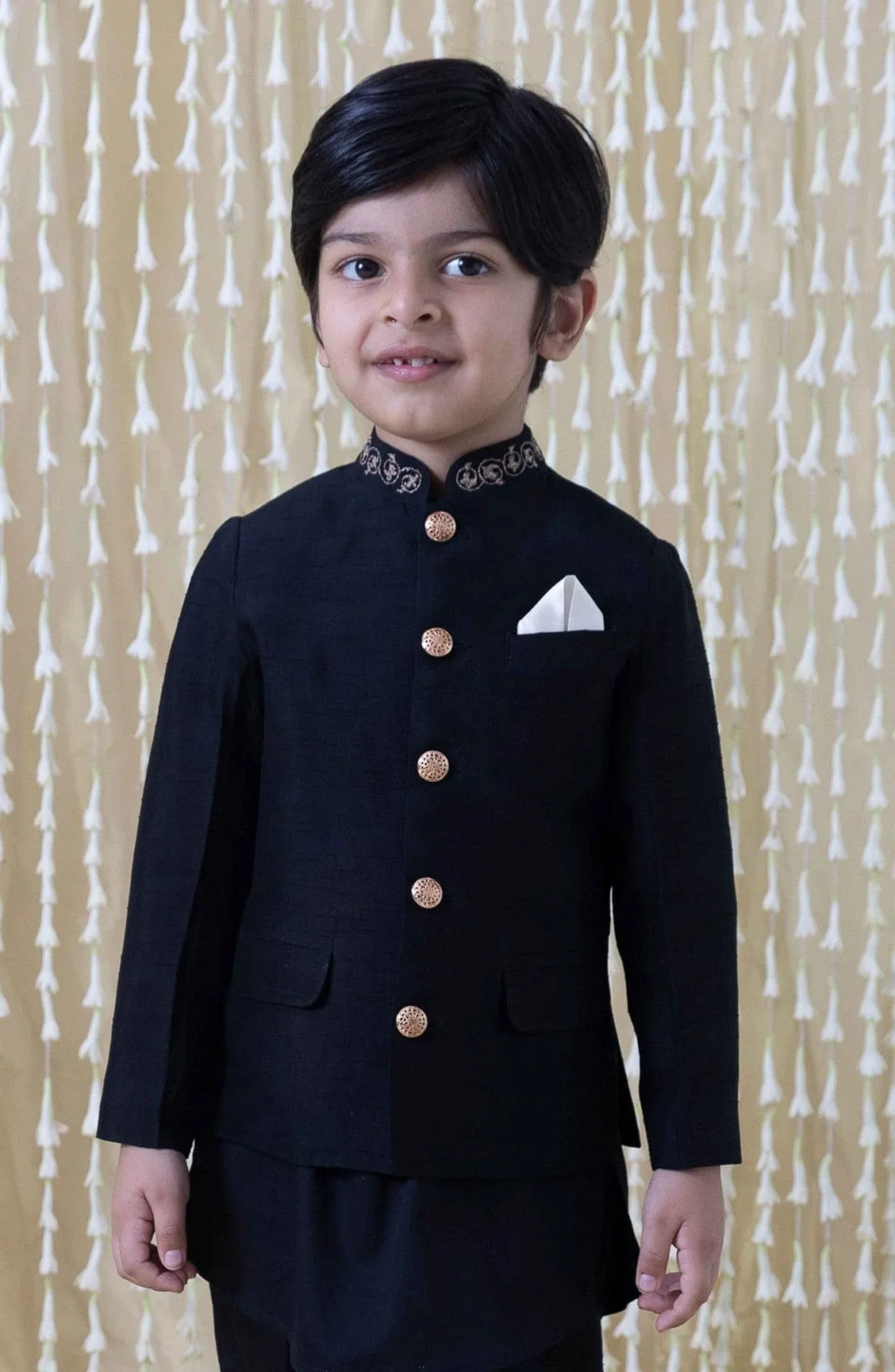 Boy Silk Bandhgala-Black