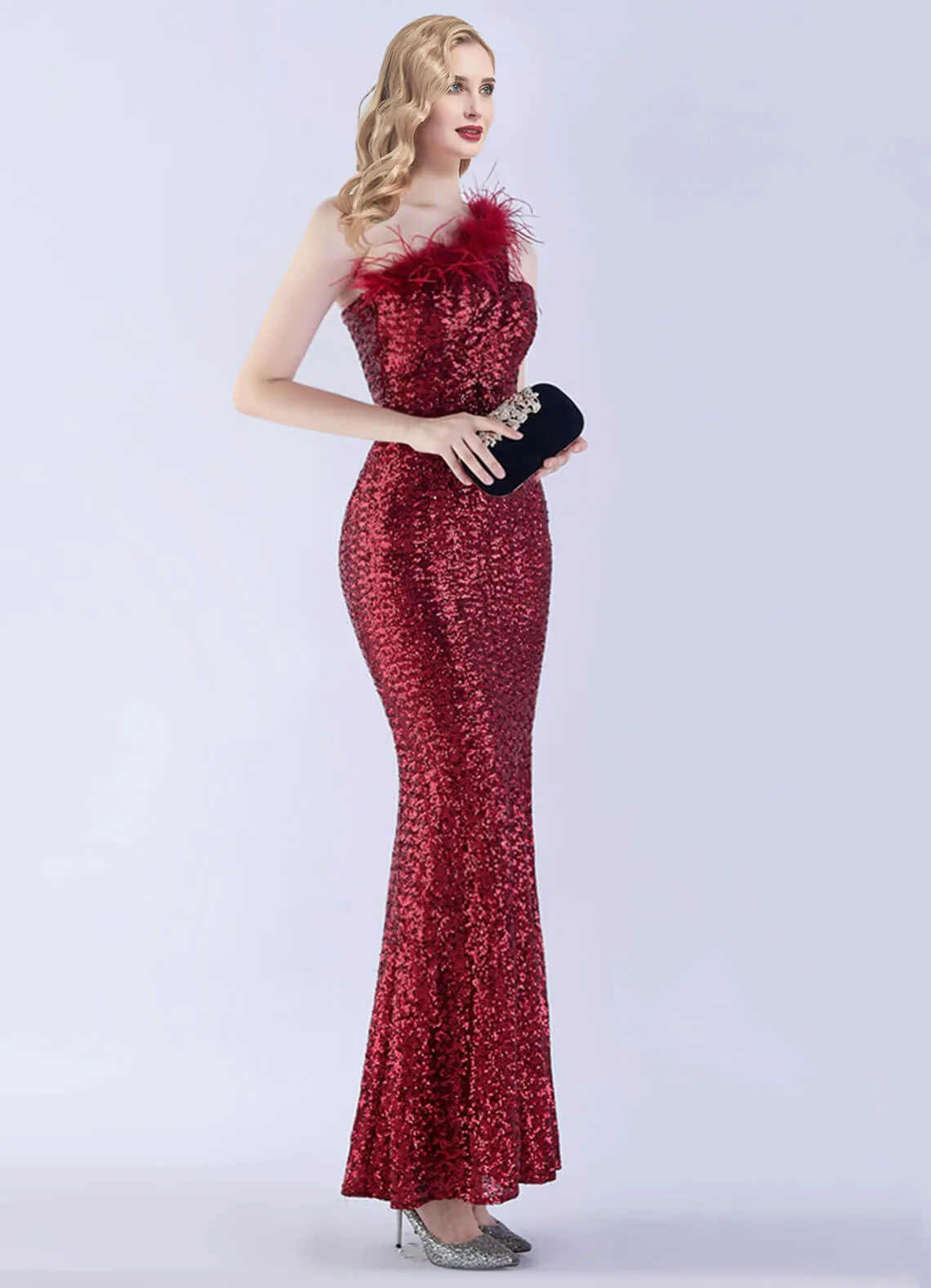 Burgundy Luxury One Shoulder Feather Sequin Mermaid Formal Gown