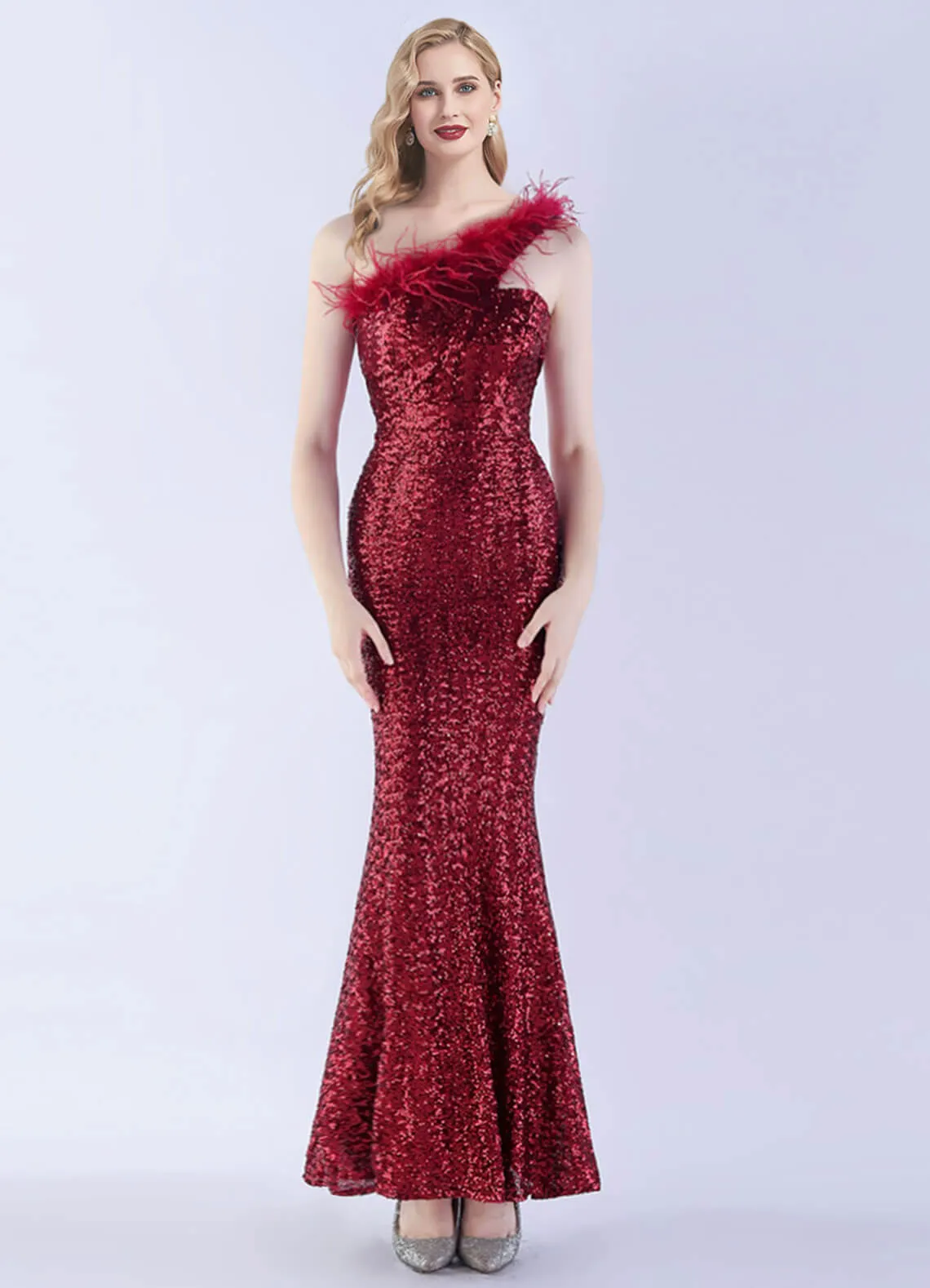 Burgundy Luxury One Shoulder Feather Sequin Mermaid Formal Gown