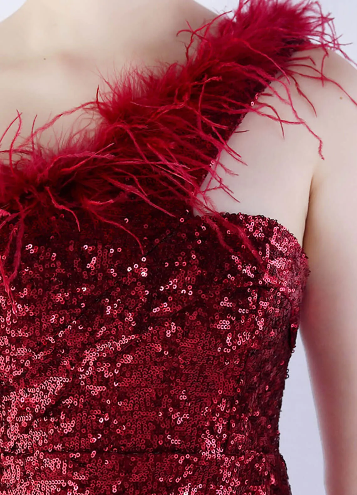 Burgundy Luxury One Shoulder Feather Sequin Mermaid Formal Gown