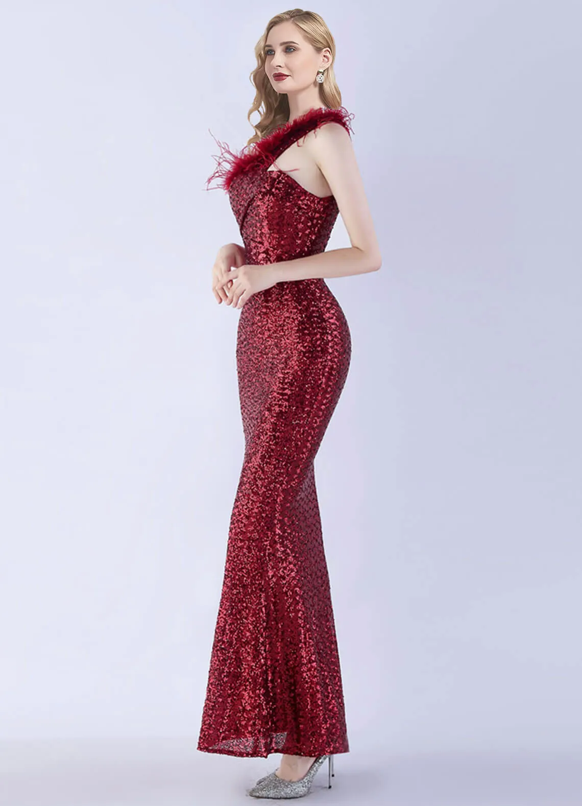 Burgundy Luxury One Shoulder Feather Sequin Mermaid Formal Gown