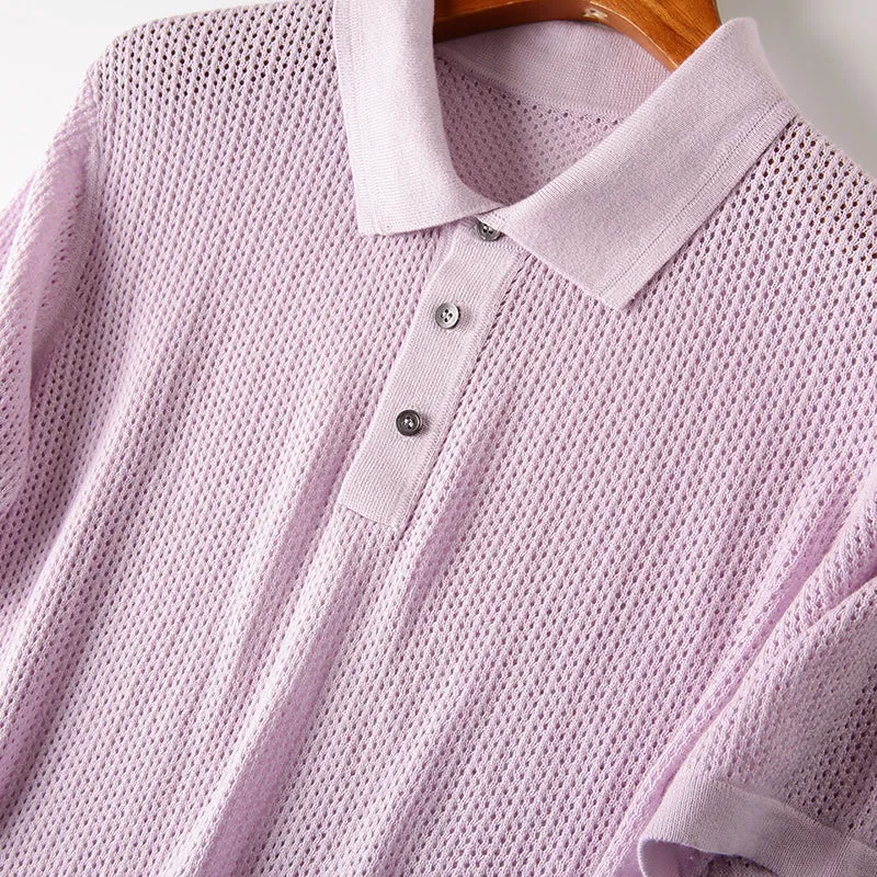 Cashmere   cotton! Italian single men's thin hollowed-out knitted short-sleeved Polo shirt summer