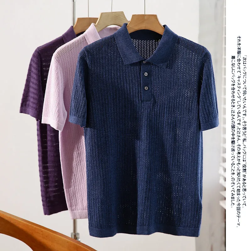 Cashmere   cotton! Italian single men's thin hollowed-out knitted short-sleeved Polo shirt summer