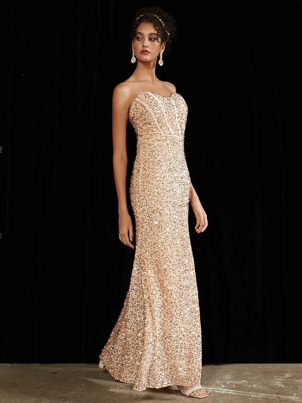 Champagne Gold Sweetheart Strapless Luxury Sequin Mermaid Formal Gown