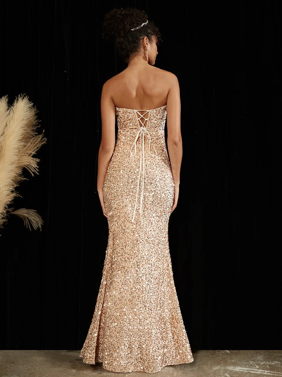 Champagne Gold Sweetheart Strapless Luxury Sequin Mermaid Formal Gown