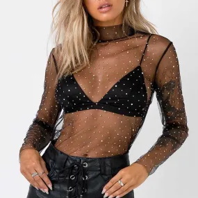 Chic Sparkle Embellished Sheer Mesh Sequin Top Tees