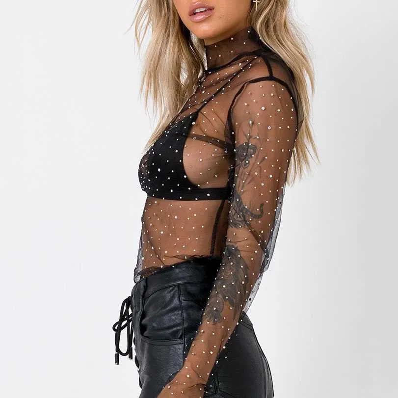 Chic Sparkle Embellished Sheer Mesh Sequin Top Tees