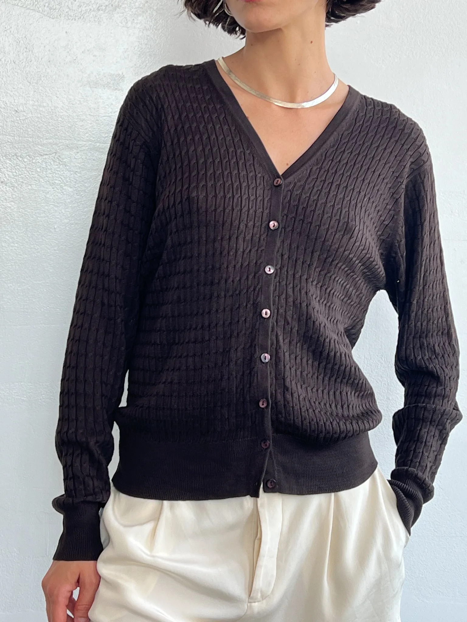 Cocoa Silk Cableknit Cardi (L)