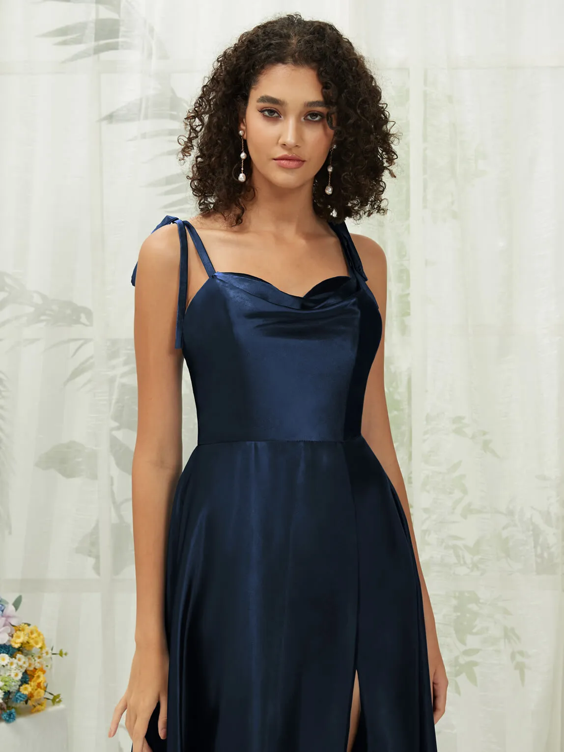 Dark Navy Satin Sweetheart Adjustable Straps Formal Gown With Pocket