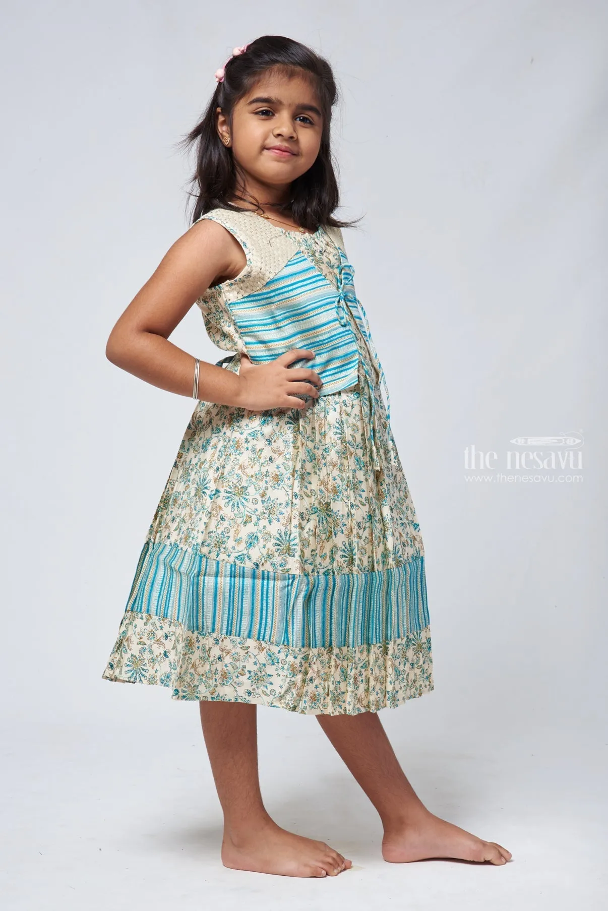 Elegant Half White Floral Pleated Frock with Blue Overcoat - Girls Stylish Dress