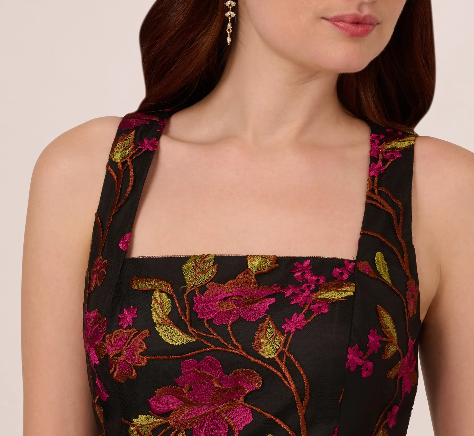 Floral Embroidered Midi Dress With Sheer Hem In Pink Black