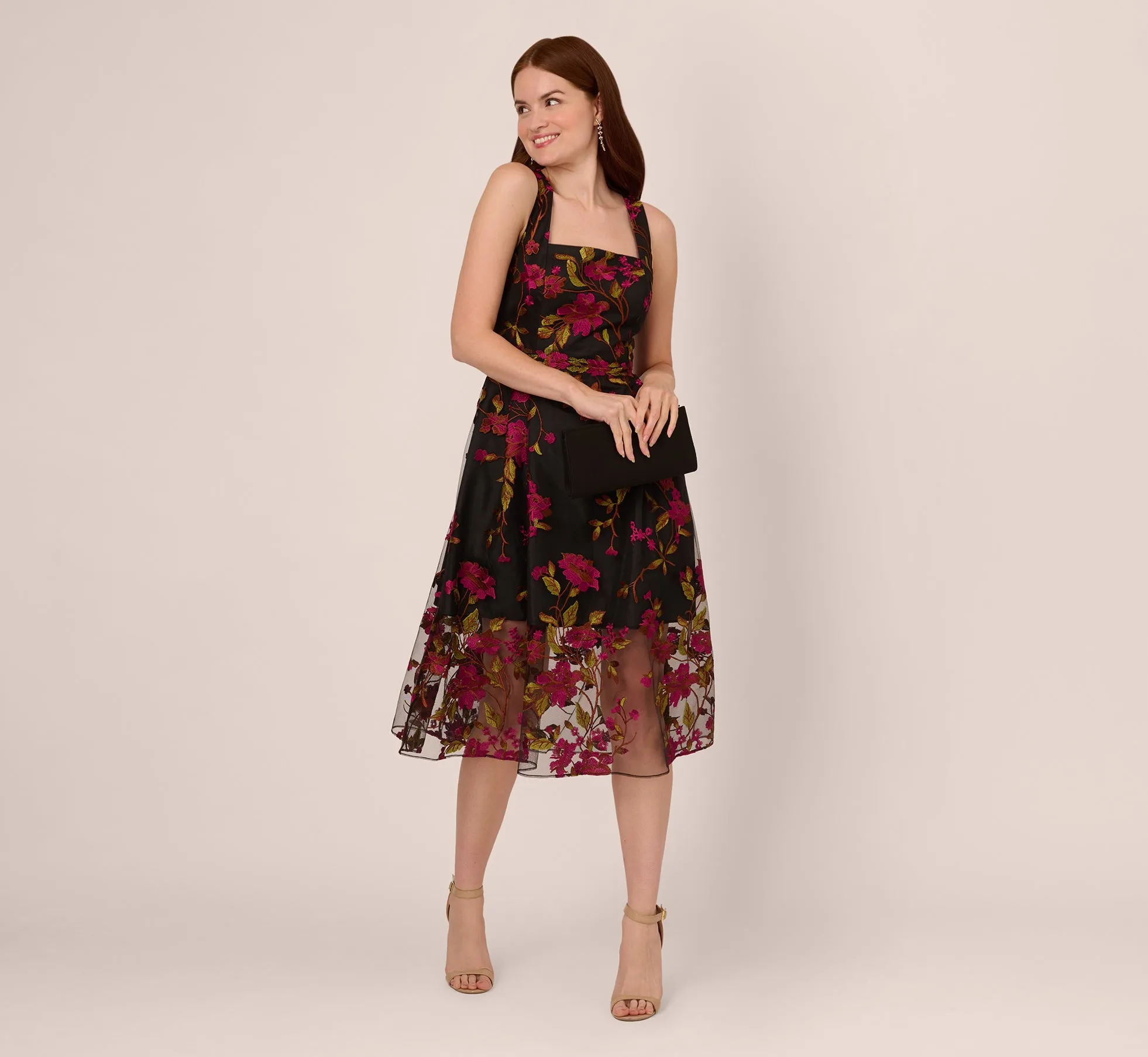 Floral Embroidered Midi Dress With Sheer Hem In Pink Black