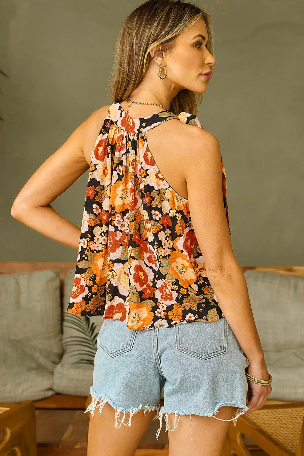 Floral Knotted Halter Sleeveless Top