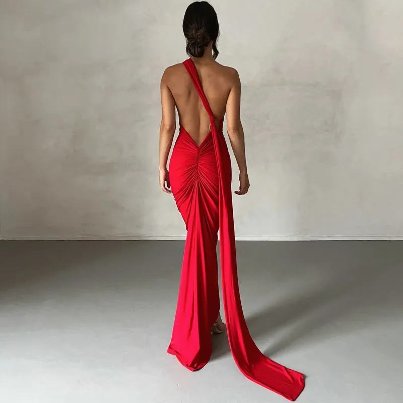 Formal One Shoulder Shirred Backless Maxi Dress Gown