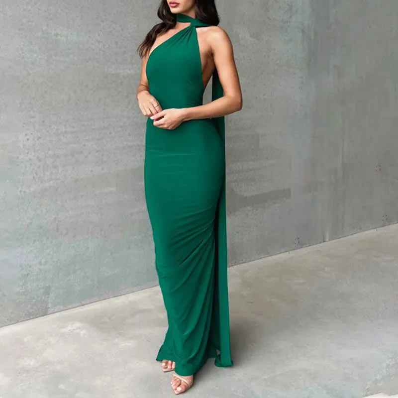 Formal One Shoulder Shirred Backless Maxi Dress Gown