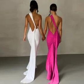 Formal One Shoulder Shirred Backless Maxi Dress Gown