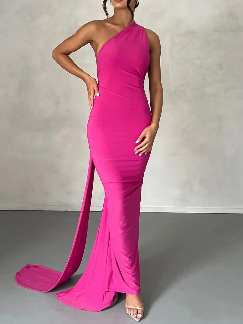 Formal One Shoulder Shirred Backless Maxi Dress Gown