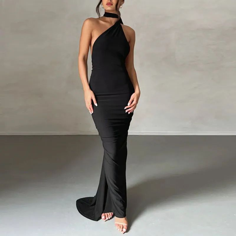 Formal One Shoulder Shirred Backless Maxi Dress Gown