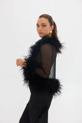 Chic Gigi Sheer Feather-Embellished Blouse in Black