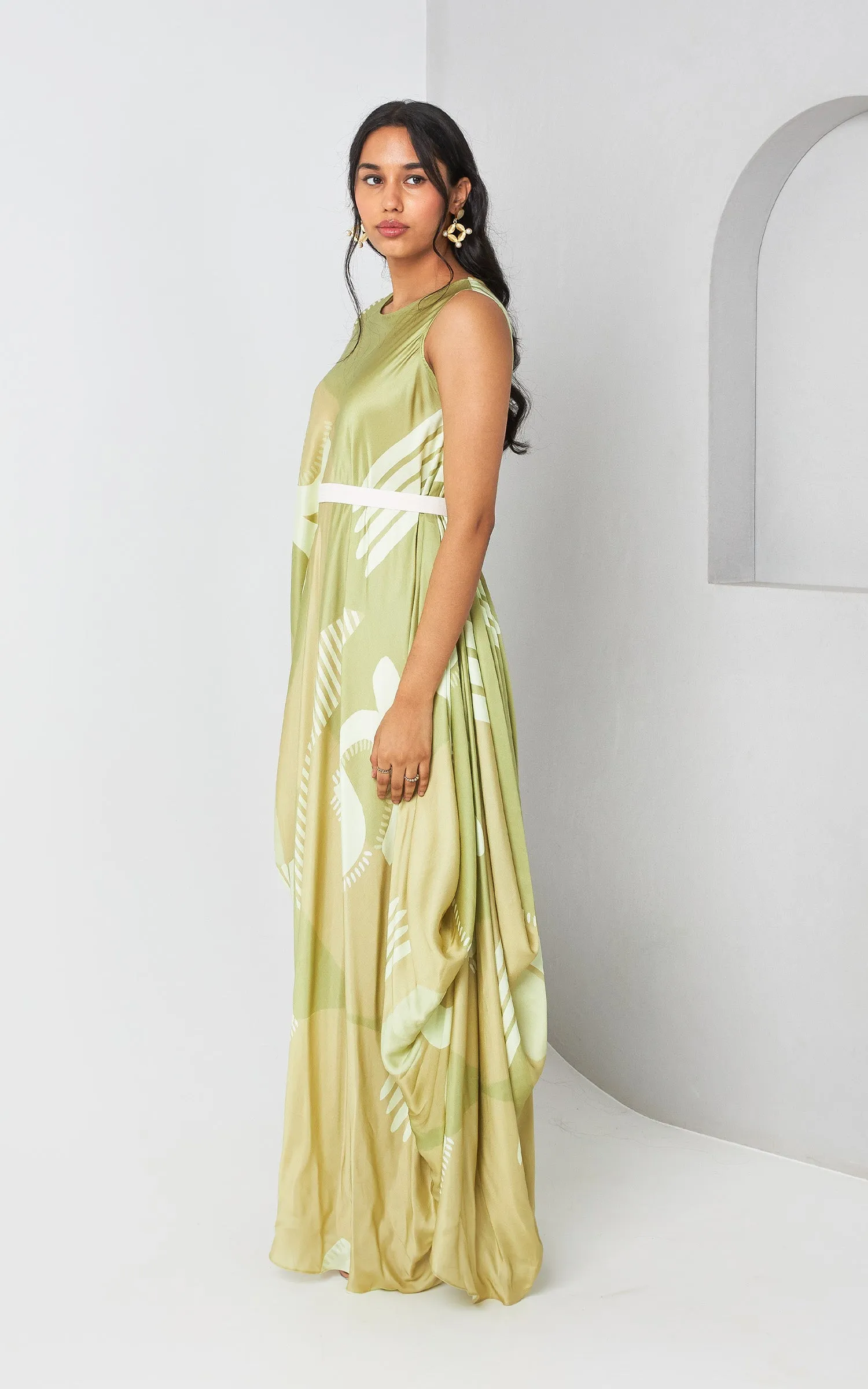 Green Abstract Printed Sleeveless Drape